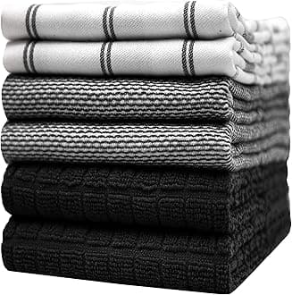 Premium Kitchen Towels (20”x 28”, 6 Pack) | Large Cotton Dish Towels | Flat & Terry Highly Absorbent Kitchen Linen Set with Hanging Loop | Black Check