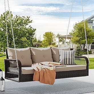 3 Seats Porch Swing Hanging Bench Swing Outdoor Wicker Patio Swing Lounge Front Rattan 794lbs for Garden, Balcony, Brown&Beige
