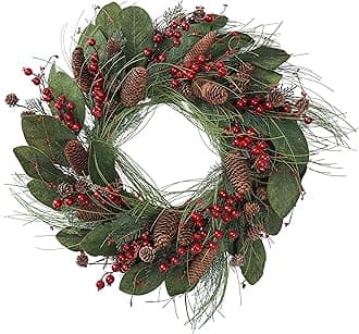22 inches Handmade Christmas Wreath Winter Wreath with Magnolia Leaves, big red berries, big pinecones,pip berry for Indoor Outdoor Farmhouse Home Wall Window Festival Wedding Decor