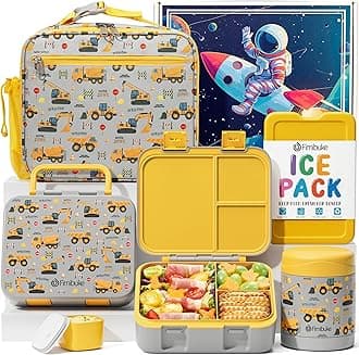 Bento Lunch Box for Kids, 3-Compartment 32OZ Snack Lunch Container, Lunch Bag, 12OZ Insulated Food Jar & Ice Pack Set for Age 3-12 School Daycare Toddler Teen Girls Boys, Trucks