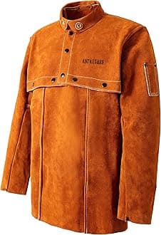ANTAITHER Leather Welding Jacket with Open Back, Bib Apron with Cape Sleeve, Heat Flame Resistant Welder Coat