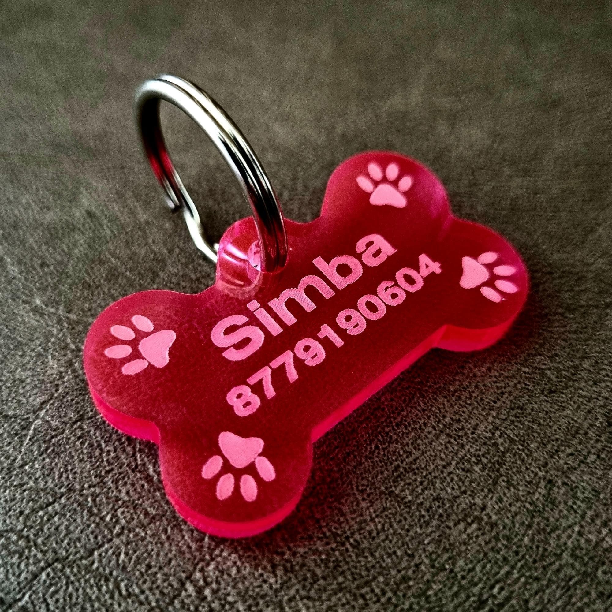 Waterproof Acrylic Bone Shape Customized Cat or Dog Name Tag for Pet ID, Fluorescent Cherry, Water-Proof, Rust-Proof Acrylic Personalized Dog Collar Tag