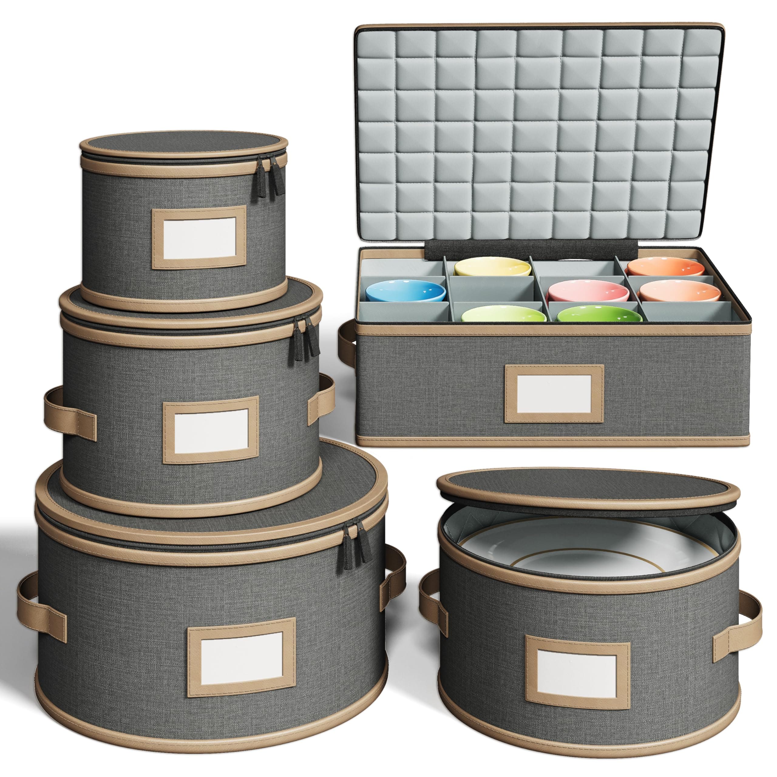 - Hard Shell China Storage Containers – 5 Piece Set for Storing Dinner Plates, Salad Plates, Mugs, Quilted Dividers for Safe Moving and Seasonal Storage, Grey with Brown Edging