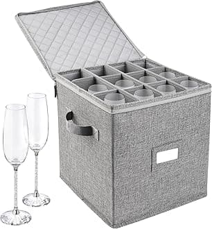 LotFancy Champagne Flute Storage Container, Hard Shell, Stackable, 12" Tall Wine Glass Storage Box with Dividers & Handles, Stemware, Crystal Glassware, Drinkware Case for Moving, Grey
