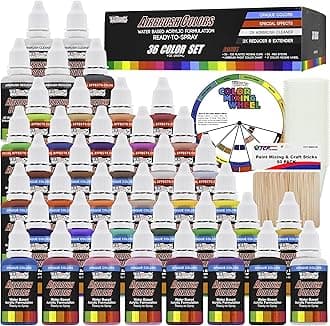 US Art Supply 36 Color Acrylic Airbrush Paint Set Opaque & Pearl Colors plus Reducer, Cleaner, Mixing Supplies & Color Wheel