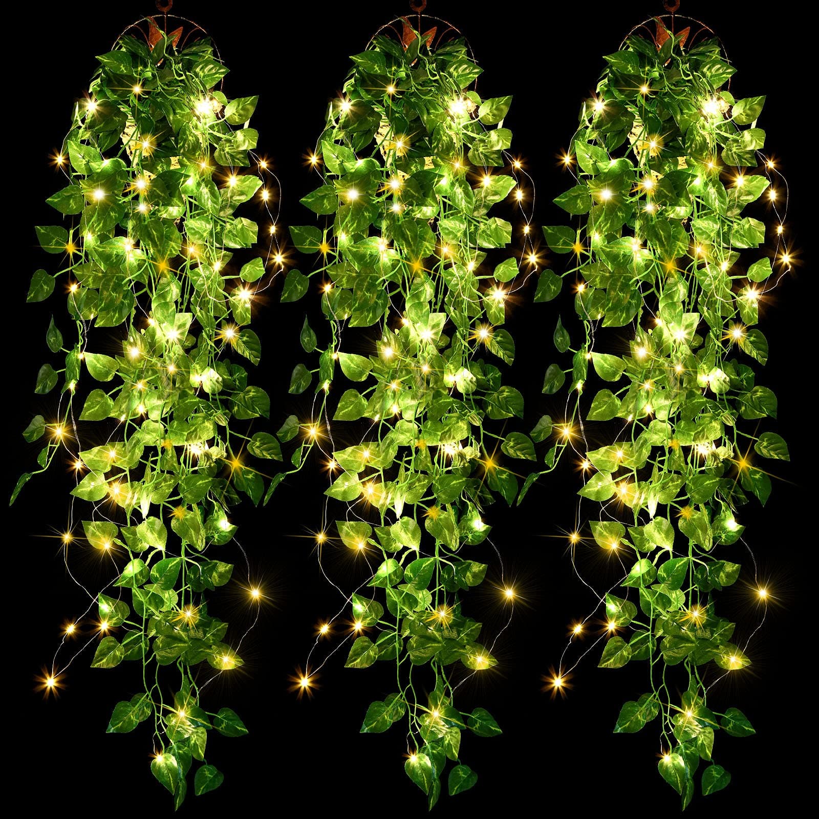 Mudder 3 Packs LED Artificial Hanging Plants, 3.6 ft Fake Hanging Plant, Ivy Vine Fake Leaves Greeny Chain Wall Home Room Garden Wedding Garland Outside Decor (Basket Not Included) (Greenery Style)