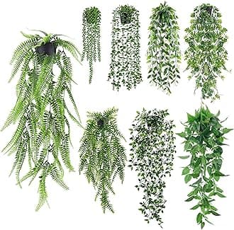 Der Rose 8Pcs Fake Plants Hanging Artificial Ivy Vine Faux Eucalyptus Hanging Plants for Home Boho Wall Shelf Indoor Outdoor Decor (Black Pots)