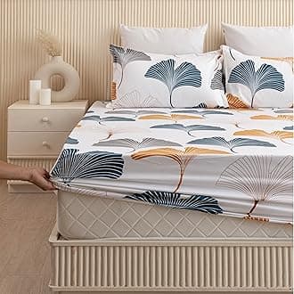 HOMEMONDE 100% Cotton Fitted Bed Sheet for Queen Size Bed, Ginkgo Leaf Printed All Around Elastic Bedsheet 72 x72 Inch with 2 Pillow Cover | Perfect for Home Decor & Gifting