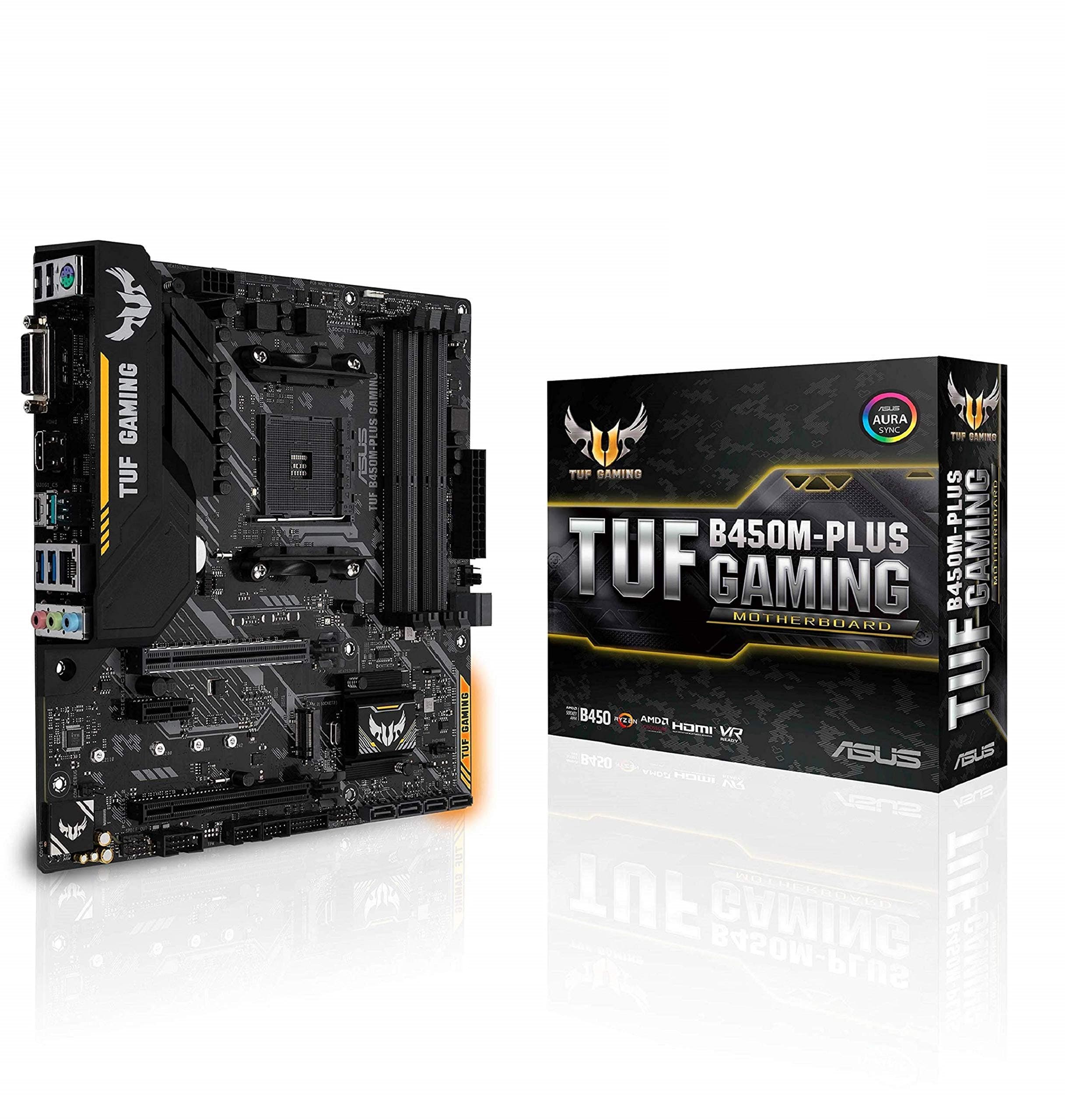 ASUS TUF Gaming B450M-PLUS Micro ATX Motherboard, AMD Socket AM4, AM4, Ryzen 3000 Ready, PCIe 3.0, M.2, DDR4, LAN, HDMI, DVI-D, USB 3.1, Aura Sync RGB, Black