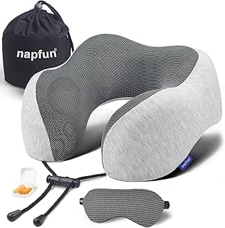napfun Neck Pillow for Traveling, Upgraded Travel Neck Pillow for Airplane 100% Pure Memory Foam Travel Pillow for Flight Headrest Sleep, Portable Plane Accessories, Light Gray Kit