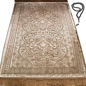 Modefa Luxury Velvet Prayer Rug with Prayer Beads | Soft Elegant Muslim Turkish Janamaz Sajada Carpet for Men and Women | Plain Solid Prayer Mat Ramadan Eid Gift - Paisley (Golden Beige)