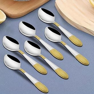 Parage 6 Pieces Stainless Steel 24k Golden Tea Spoons Set, 14 cm Long, Premium Spoons for Home & Kitchen, Luxury Dining Tableware Gift for House Warming,24 Karat Gold Plated Small Spoon, Ivory Design