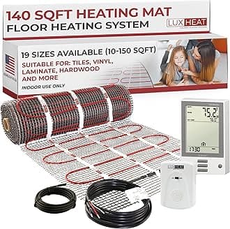 LuxHeat 140sqft Floor Heating Mat Kit – 120v Infloor Radiant Heat Mat – Electric Heated Flooring System for Tile & Laminate - Includes UDG Programmable Thermostat w/GFCI, Alarm & Sensor