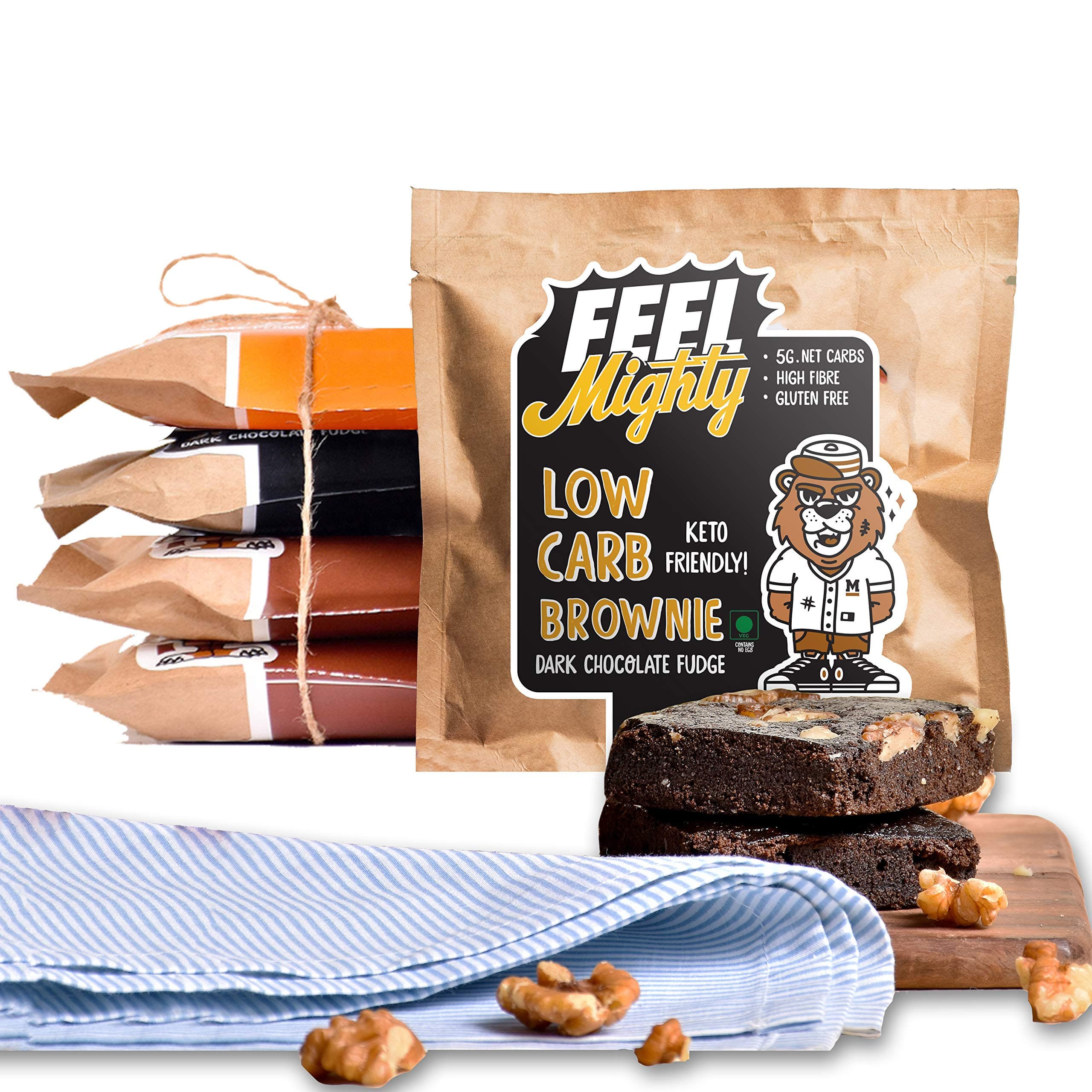 Feel Mighty Keto Friendly Low Carb Brownies Assorted Box 2-High Protein,Sugar- Free Snacks-2 Dark Chocolate Fudge,2 Chocolate Walnut & 1 Peanut Butter