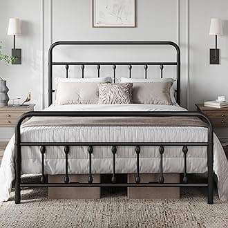 Classic Metal Platform Bed Frame Mattress Foundation with Victorian Style Iron-Art Headboard/Footboard/Under Bed Storage/No Box Spring Needed/Queen Size Black