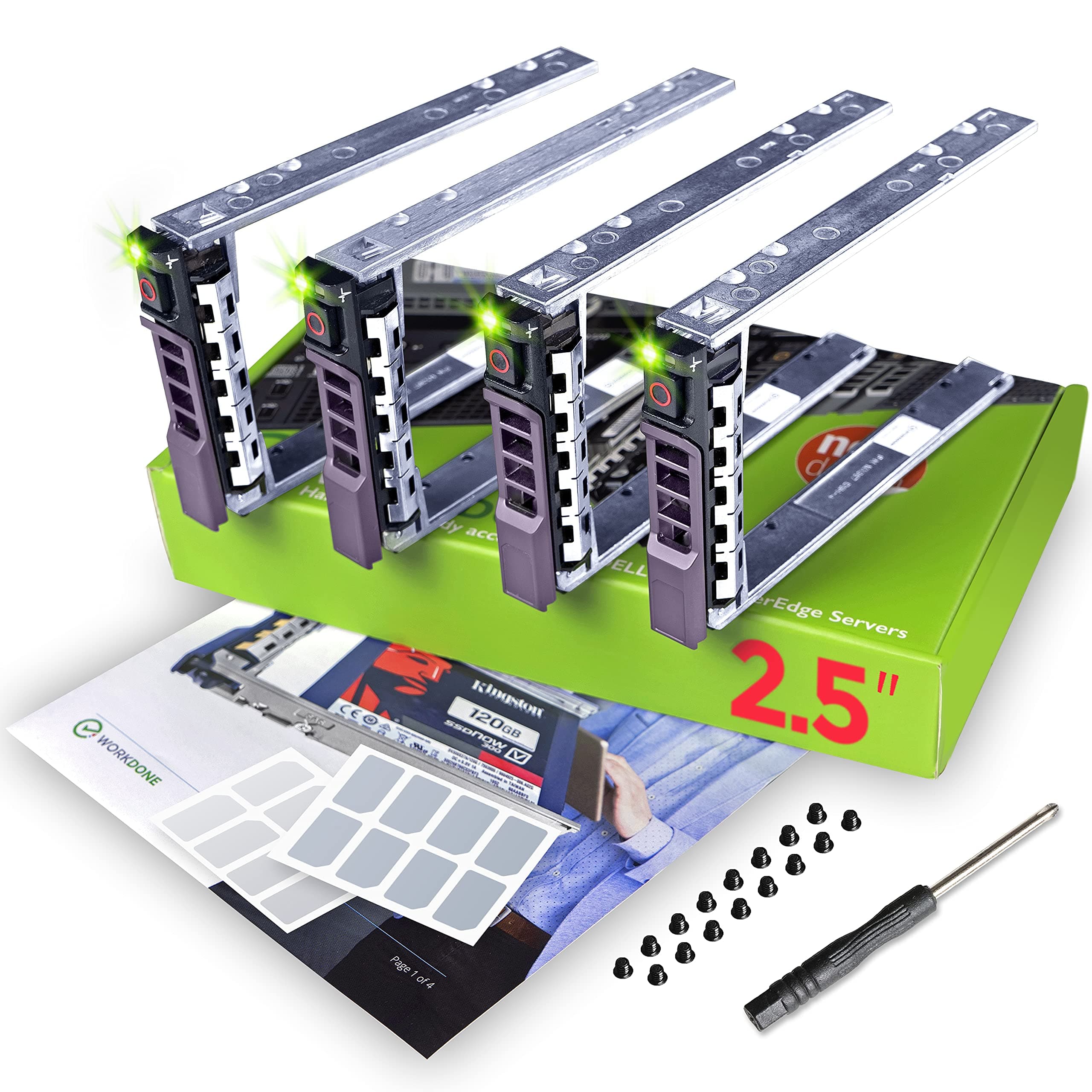 WORKDONE 4-Pack - 2.5" Hard Drive Caddy - Compatible for Dell PowerEdge Server - T440 T640 R330 R430 T430 R630 T630 R730 R830 R930 R320 R420 and More - Hot-Swap Tray - Setup with Detailed Manual