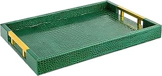 Luxury Modern Elegant 18"x12" Rectangle Crocodile Green Decorative Ottoman Coffee Table Perfume Living Room Kitchen Serving Tray with Gold Polished Metal Handles by Home Redefined for All Occasion's