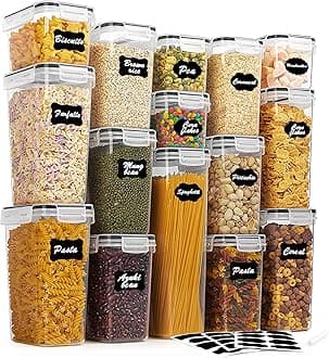 Vtopmart 15PCS Plastic Airtight Food Storage Container with Lids, Kitchen Storage & Organization for Cereal, Spaghetti, Flour and Sugar, BPA Free, Includes 24 Labels