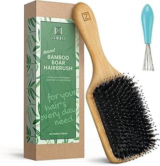 Natural Boar Bristle Hair Brush for Women, Men, Kids; Dry and Wet Detangling Hair Brush Gently Enhances Shine, Smooths Frizz and Prevents Breakage in Fine and Straight, Thick and Curly Hair (paddle)