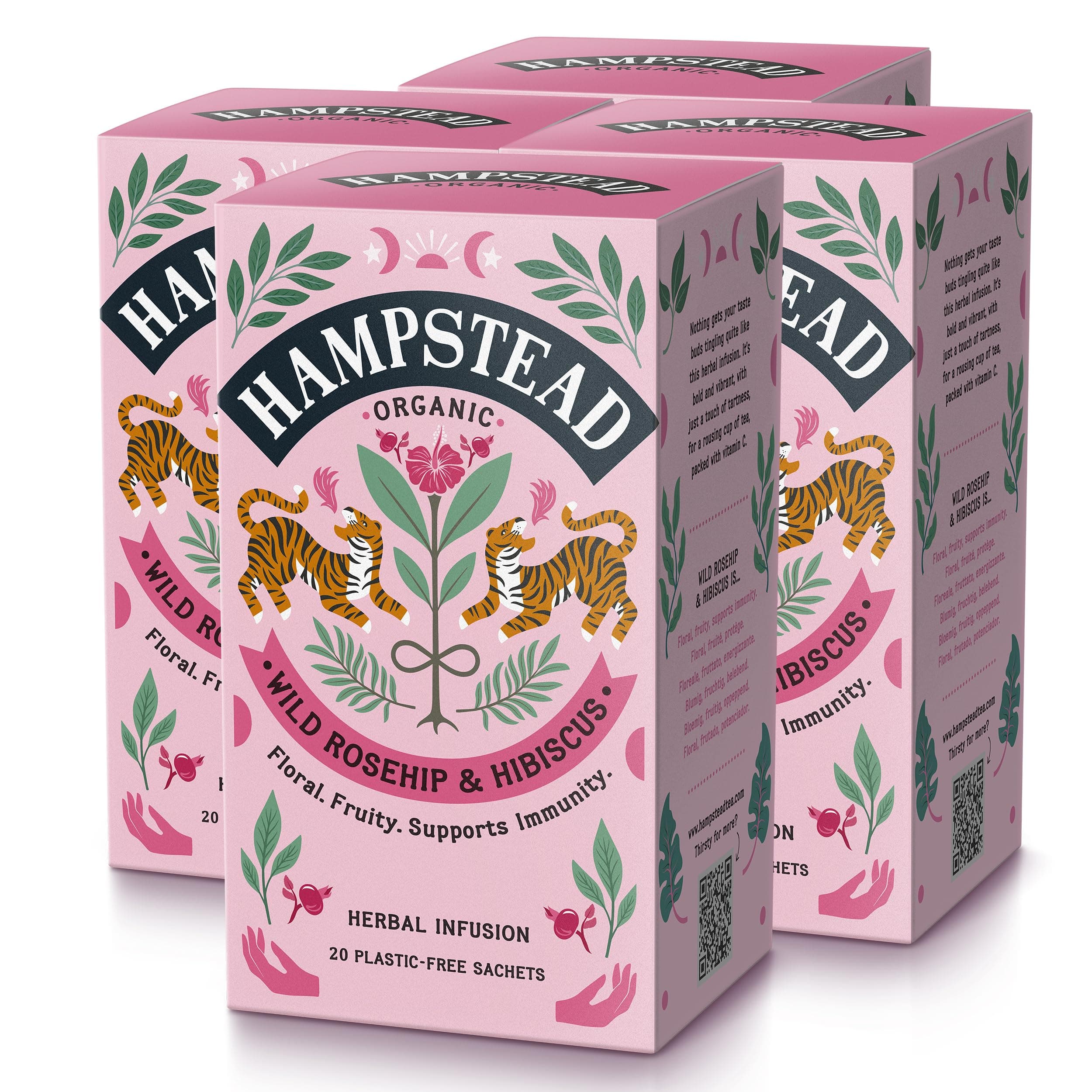 Hampstead Organic Rosehip & Hibiscus Tea Bags (4 Packs of 20), Fruity Herbal Tea Infusion with Organic Hibiscus Flower & Rosehip, Naturally Vibrant Flavour, Home-Compostable Bags