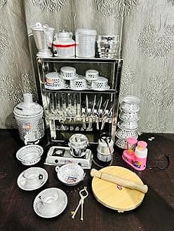 Tirtha Enterprises Handcrafted Brass Miniature Kitchen Set/Bhatukali/Toy Set/Home Decor/choppu Jaman/Real Cooking Kit for Play with Brass Stand (Allu Basic)