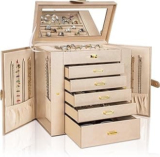 AKOZLIN Huge Jewelry Box Organizer Functional Extra Large Leather Jewelry Storage Case for Women Girls Ring Necklace Earring Bracelet Holder Organizer with Mirror