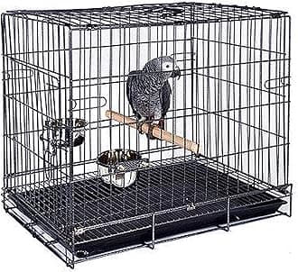 Durable Easy Portable Collapsible Metal Travel or Veterinary Collapsable Parrot Bird Carrier Bite-Proof Easy Clean Carrier Cage with Stainless Steel Feeder Bowls Natural Wooden Perch