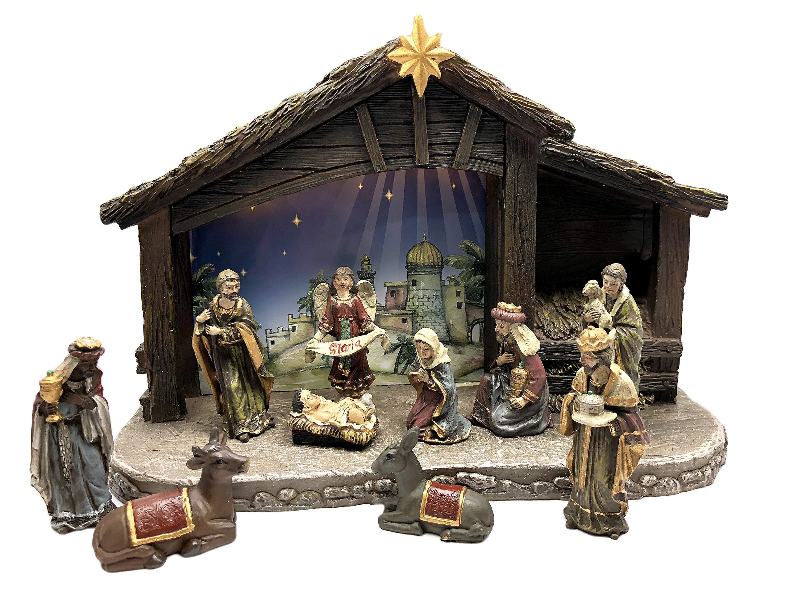 Christmas 11 Piece Indoor Light up Complete Nativity Set Includes a 8 inch Light up Stable Real Life 3 inch Figures (Holy Family, Three Wise Men, Angel, Animals and Shepard)