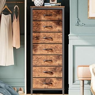 Huuger Tall Dresser for Bedroom, 7 Drawer Dresser & Chests of Drawers, Fabric Dresser for Closet, Bedroom, Night Stand, End Table with Metal Frame, Storage Tower with Fabric Bins, Rustic Brown