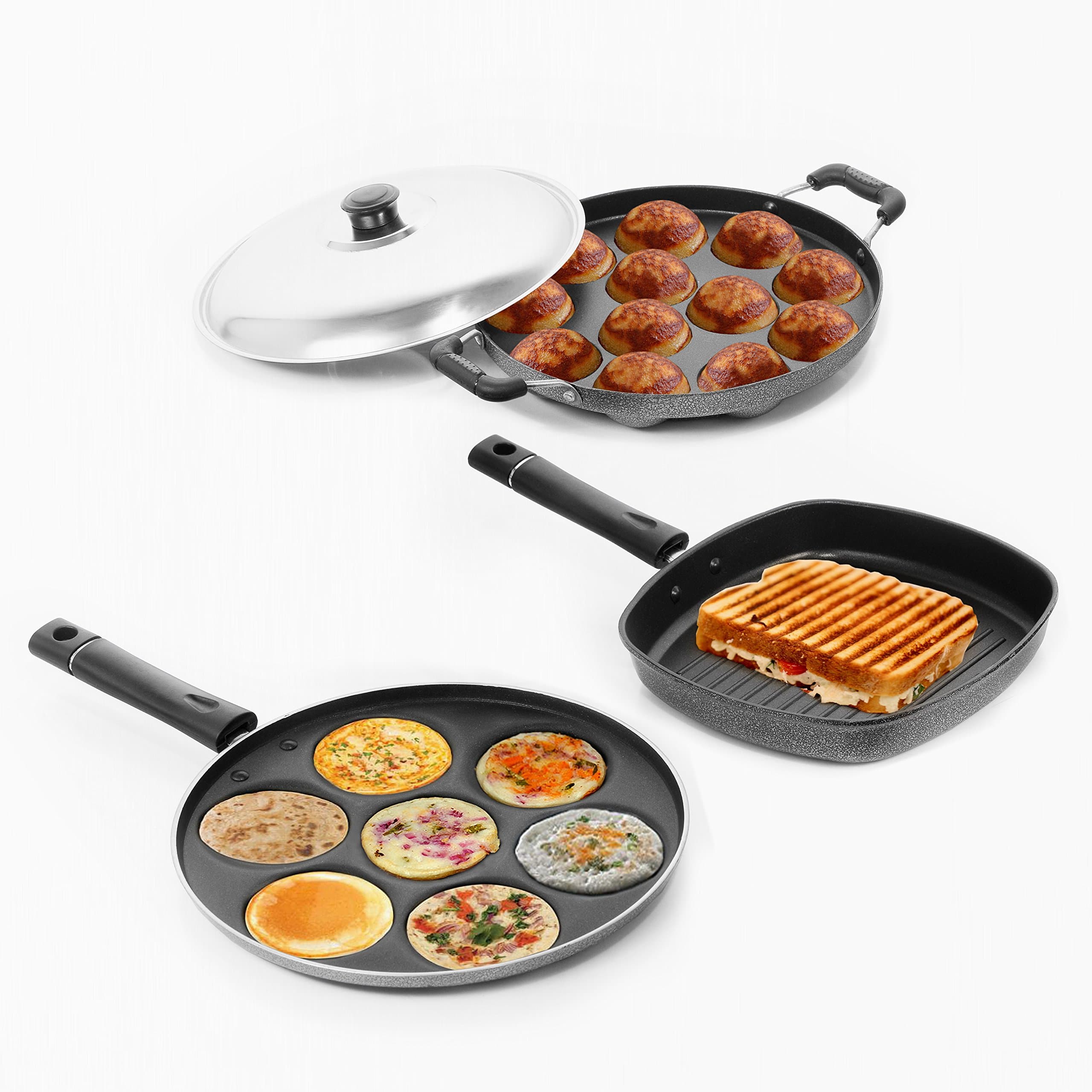 Sumeet Non Stick Essential Multi Snack Maker Combo Set (Silver; - 7 Pcs + Grill Pan - 22cm + Grill Appam Patra) - 12 Pcs, Aluminium, Silver