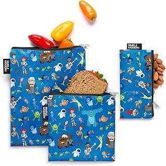 Simple Modern Disney Pixar Reusable Snack Bags for Kids, Girls, Boys | Food Safe, BPA & Phthalate Free Polyester Zip Pouches | Washable Sandwich Bag | Ellie Collection | 3 pack | Pixar Mashup on Blue