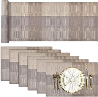 Aofmee Table Runner and Placemats Set of 6 Washable, Heat Resistant Place Mats with Table Runner, Woven Vinyl Table Placemats, Stain Resistant Kitchen Table Mats Sets, Easy to Clean, Gold, Set of 7