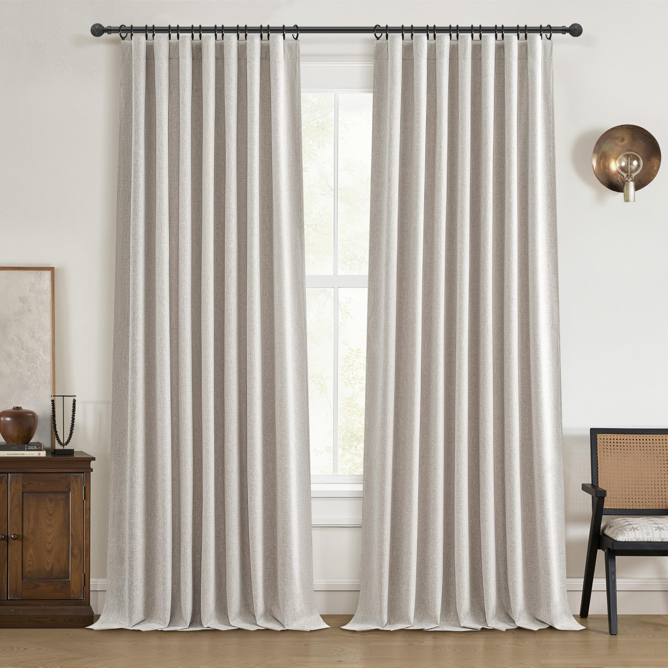 Black Out 96 Inch Long Boho Curtains 2 Panel Set, Farmhouse Curtains for Living Room Darkening/Thermal/Noise Reduction Textured Flax Linen Drape 8ft Hook&Ring Included Birch Off White 50"x96"