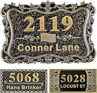 Personalized Cast Address Sign House Number Home Address Plaque 12 Inch, Custom Steet House Number Sign, Metal or Acrylic Antique Brass for Outside Vintage