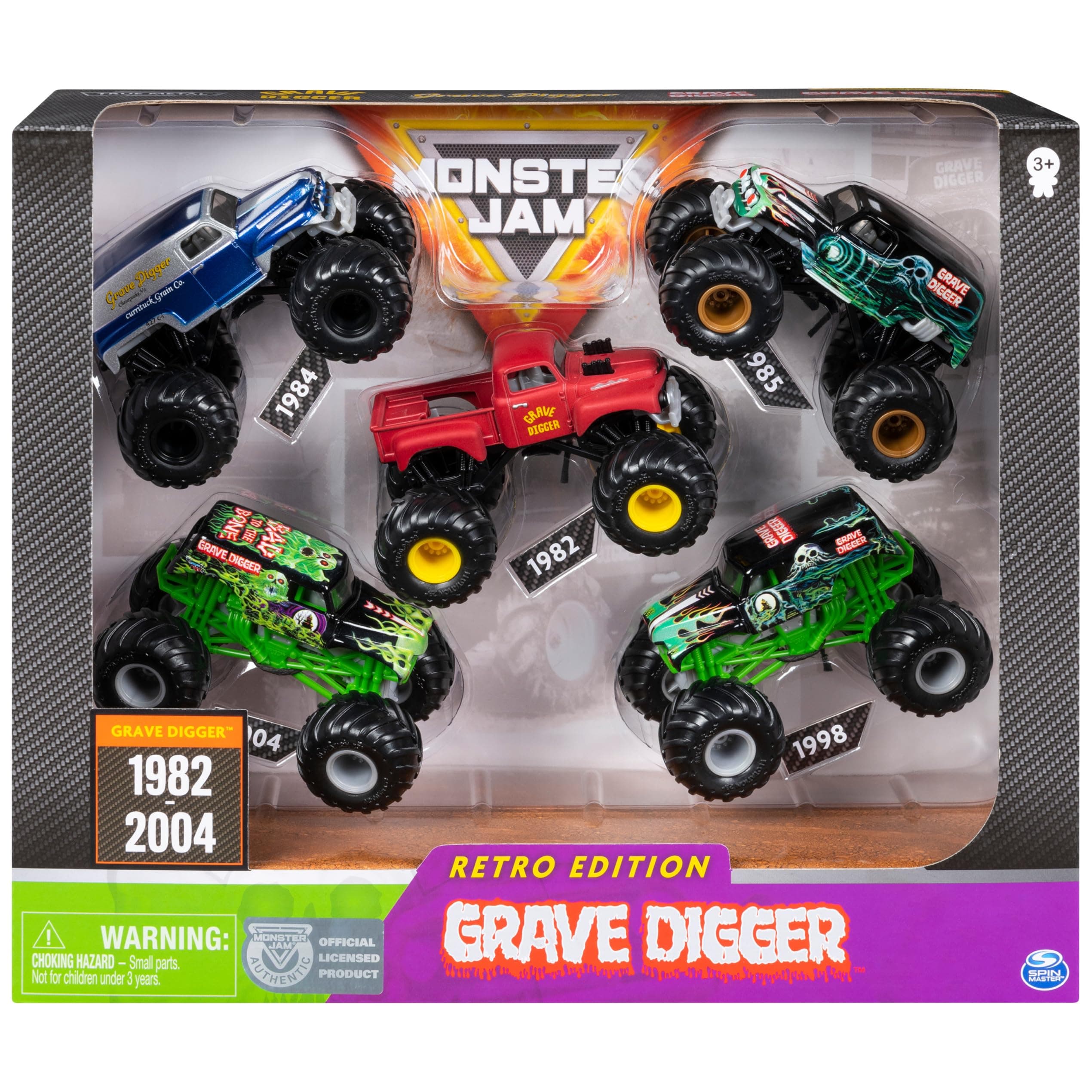 Grave Digger Monster Truck 5pc Value Pack: 1:64 Scale Retro Die-Cast Gift Set with Iconic Models (1982-2005) Chrome Rims and BKT Tires - Authentic Collectible for Fans & Birthday Parties