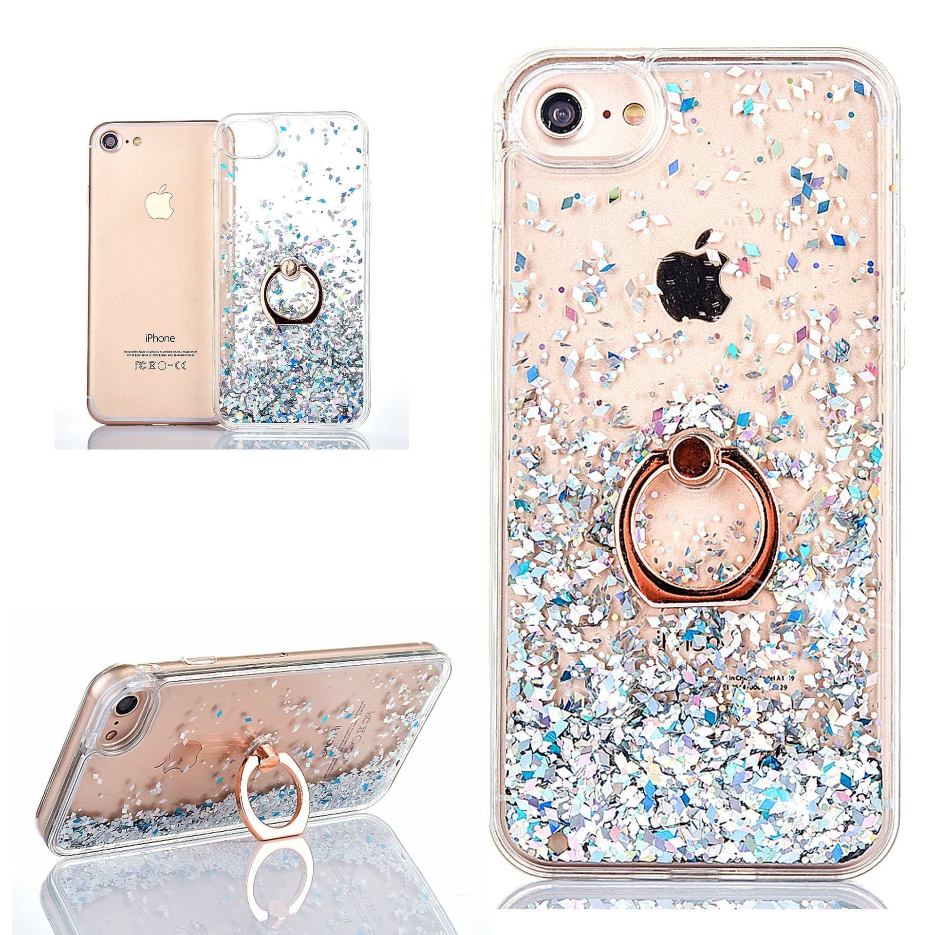 Hancda Phone Case for iPhone SE 2022 / iPhone SE 2020 /iPhone 8/iPhone 7 Case Cover Glitter Sparkle Liquid Sparkly Hard Back Transparent Silicone Clear Soft Bumper Case with Ring Holder Stand,Silver