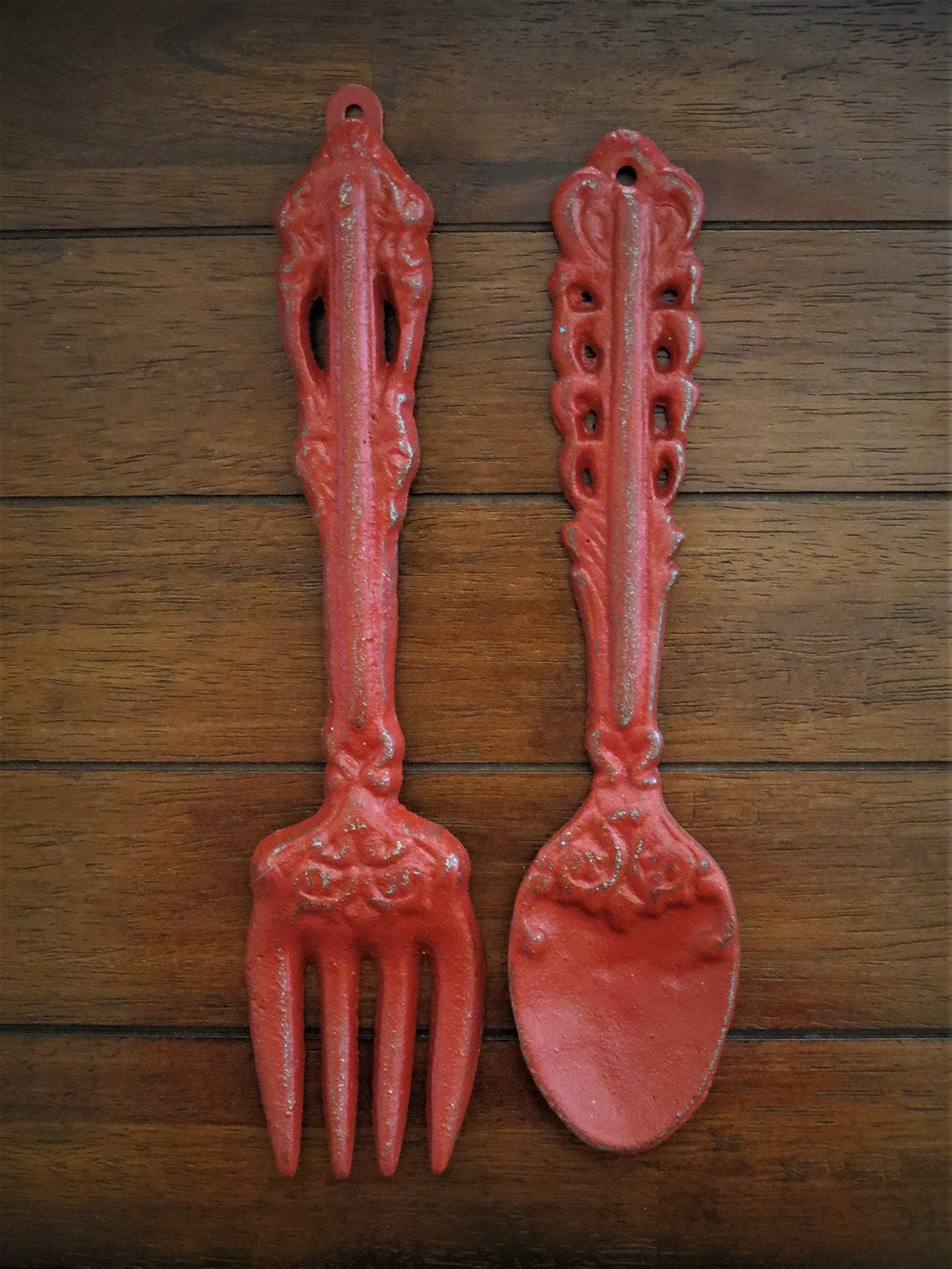 Fork and Spoon Wall Decor, Colonial Red Or Choose from Over 40 Colors, Rustic Farmhouse Kitchen Wall Décor, Painted to Order