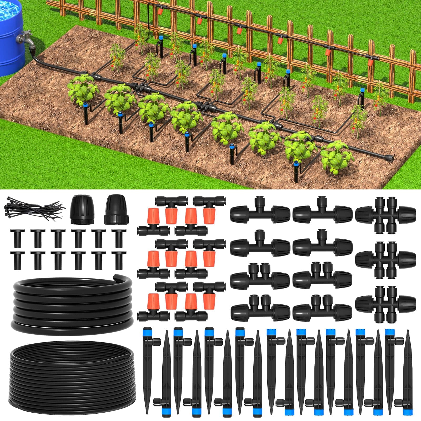 101FT Drip Irrigation System Kit, Quick Push-to-Connect Watering & Misting System with 3 Adjustable Emitters, 1/2" 1/4" Tubing DIY Set for Raised Beds, Lawn, Pots & Greenhouse