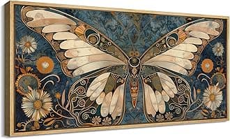 SIGNFORD Extra Large Framed Canvas Print Wall Art Intricate Butterfly Illustration with Floral Elements Illustrations Modern Art Calm Warm for Living Room, Bedroom, Office - 60"x30"