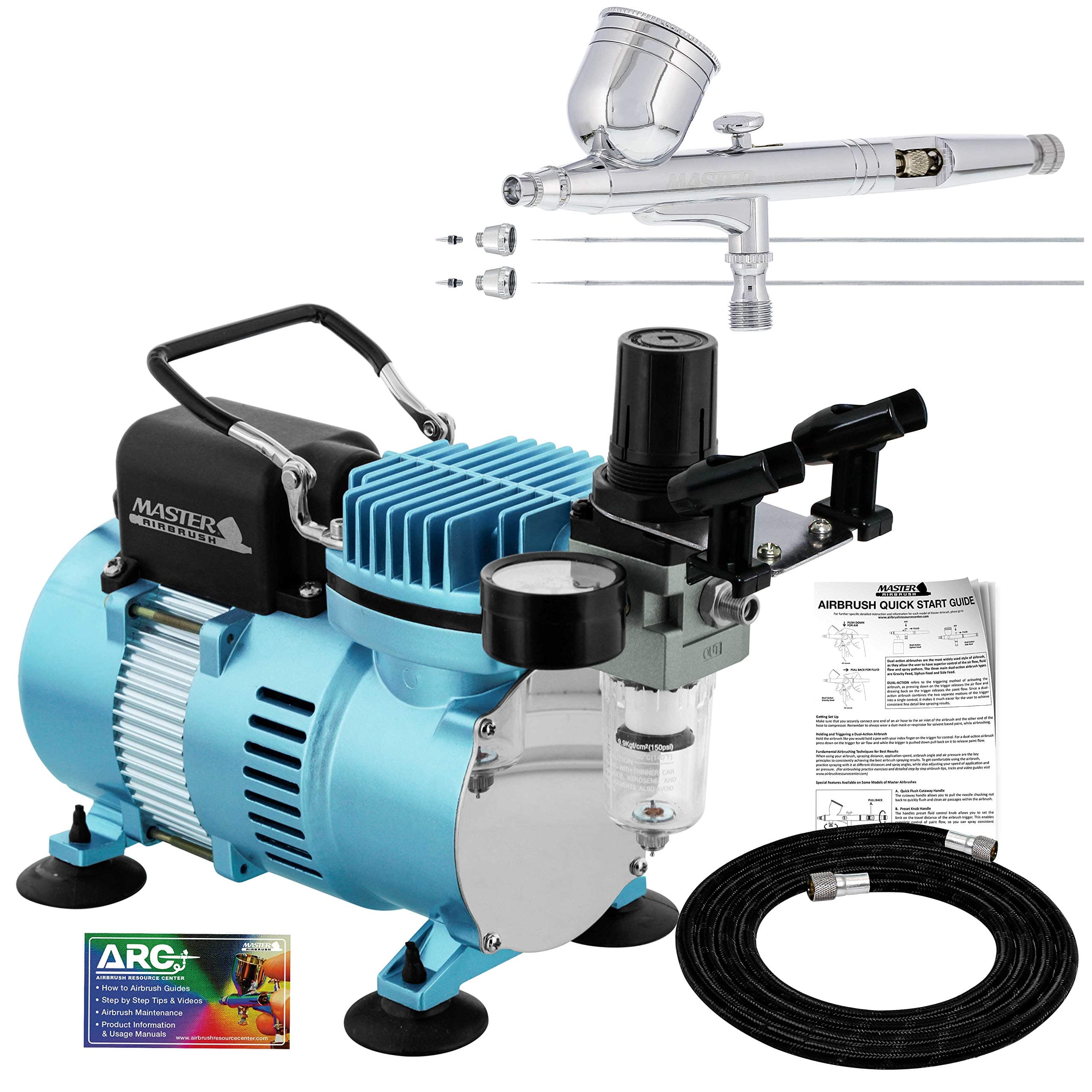 Cool Runner II Dual Fan Air Compressor System Kit with a G233 Gravity Feed Dual-Action Airbrush Pro Set, 0.2, 0.3, 0.5 mm Tips - Hose, Holder, How-To Guide - Hobby, Auto, Cake, Tattoo
