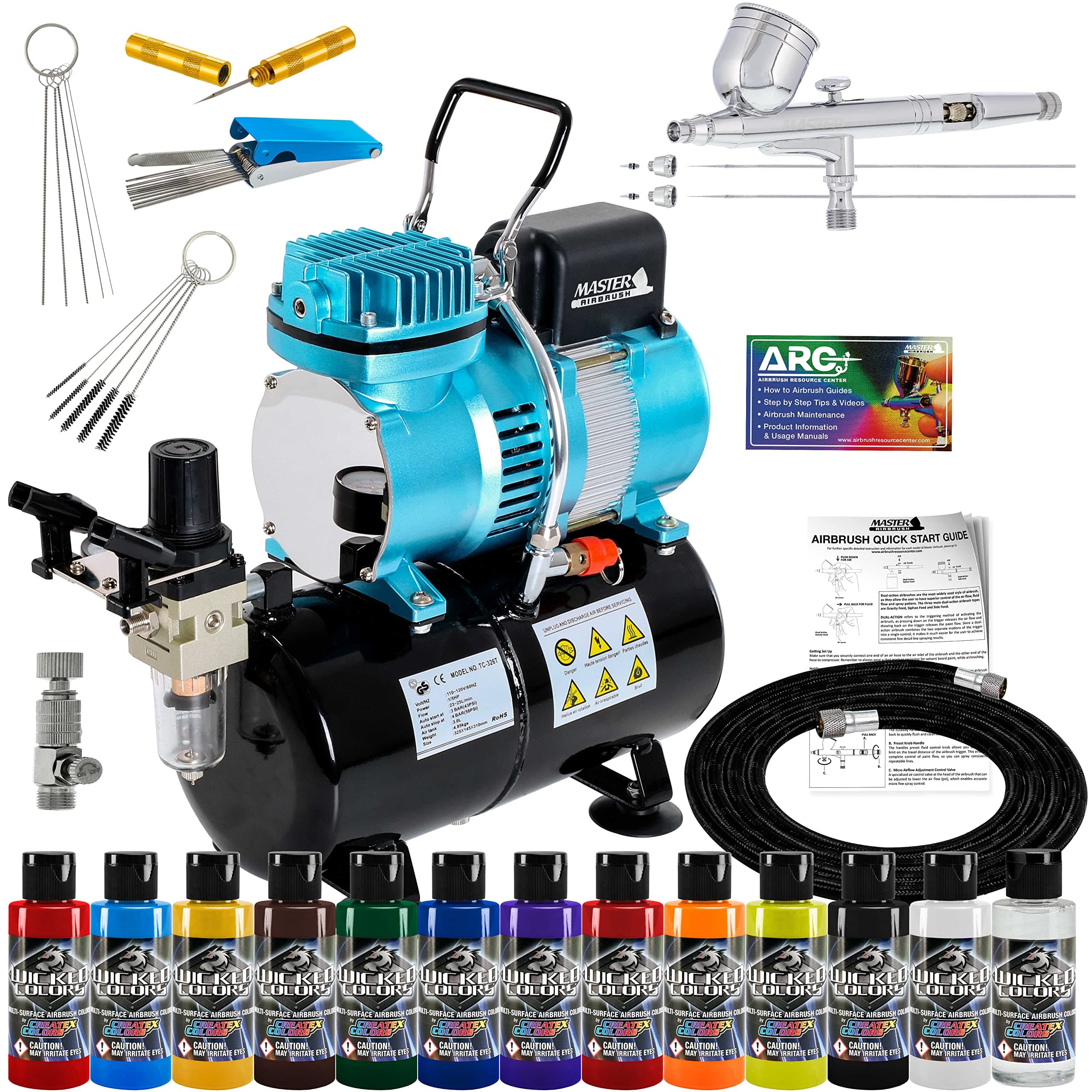 Performance G233 Kit with 3 Tips and Air Compressor TC-20T, Createx Wicked Colors 12 Color Paint Set and Cleaning Kit