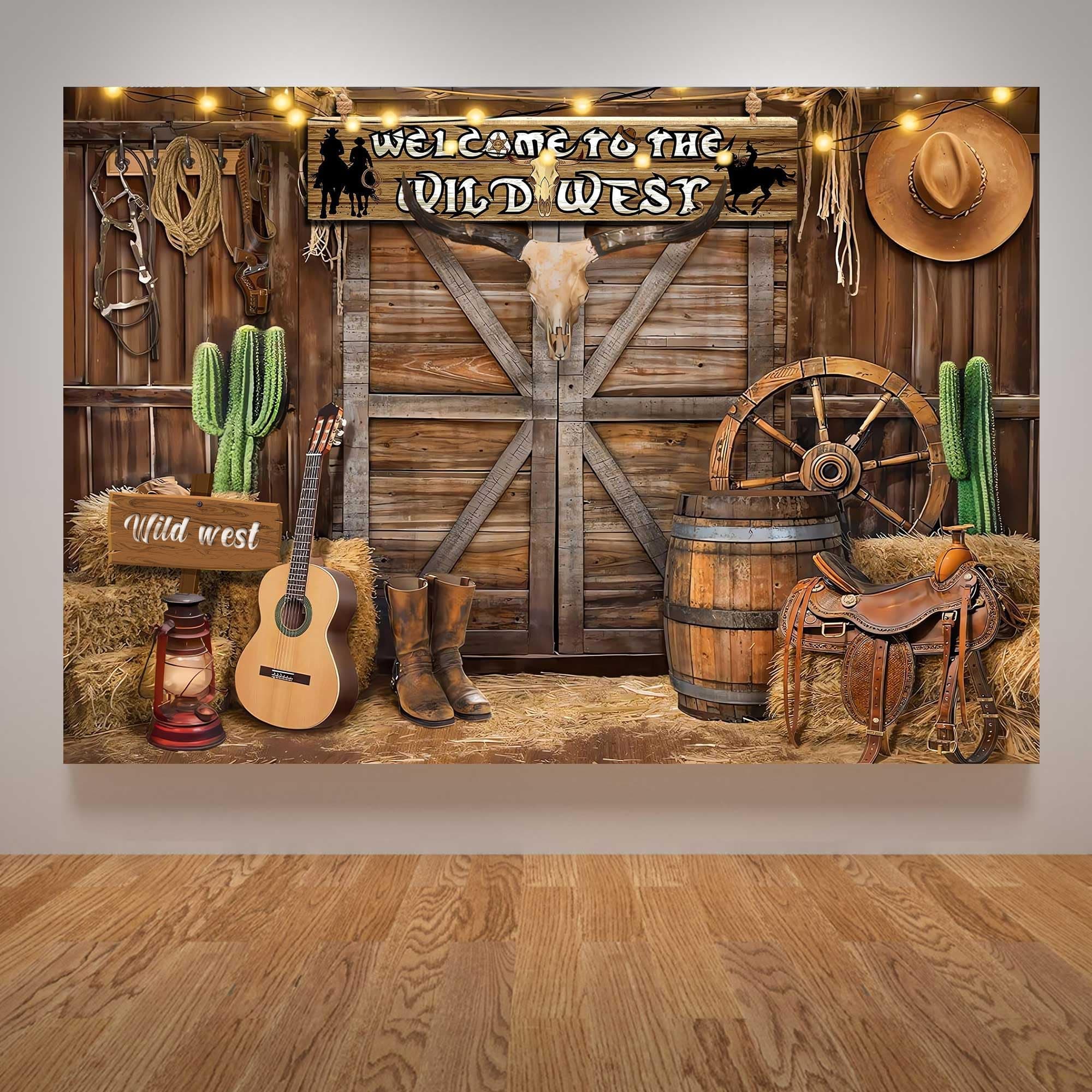 Western Party Theme Backdrop 5.9 * 3.6 Ft Western Cowboy Party Decorations Supply Wild West Theme Decor Wooden House Barn Photo Background for Kids Phott Birthday Banner Rustic Booth