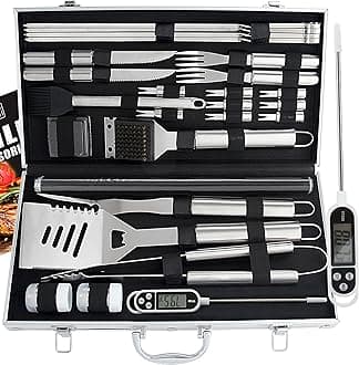 ROMANTICIST 28pcs BBQ Accessories Set with Thermometer - The Very Best Grill Gift on Birthday Wedding - Heavy Duty Stainless Steel Grill Set in Case for Outdoor Cooking Camping Grilling Smoking