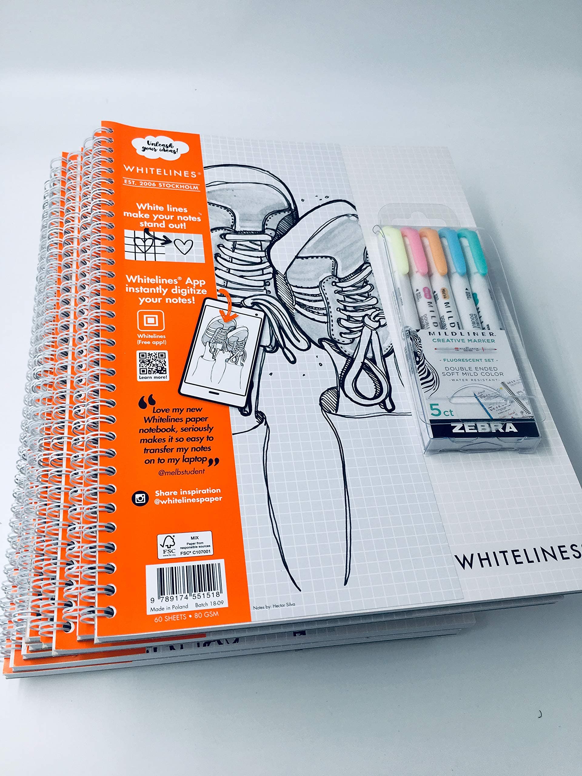 Whitelines Link A4 Squared Notebook 80gsm Paper (Multipack) (Pack 10 Notebooks + Pk5 Zebra MILDLINERS)