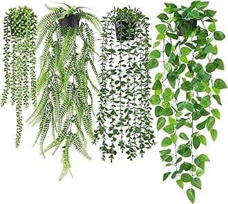 Der Rose 4Pcs Fake Plants Hanging Artificial Ivy Vine Faux Eucalyptus Hanging Plants, Boston Fern, String of Pearls for Living Room Bedroom Boho Wall Shelf Indoor Outdoor Decor