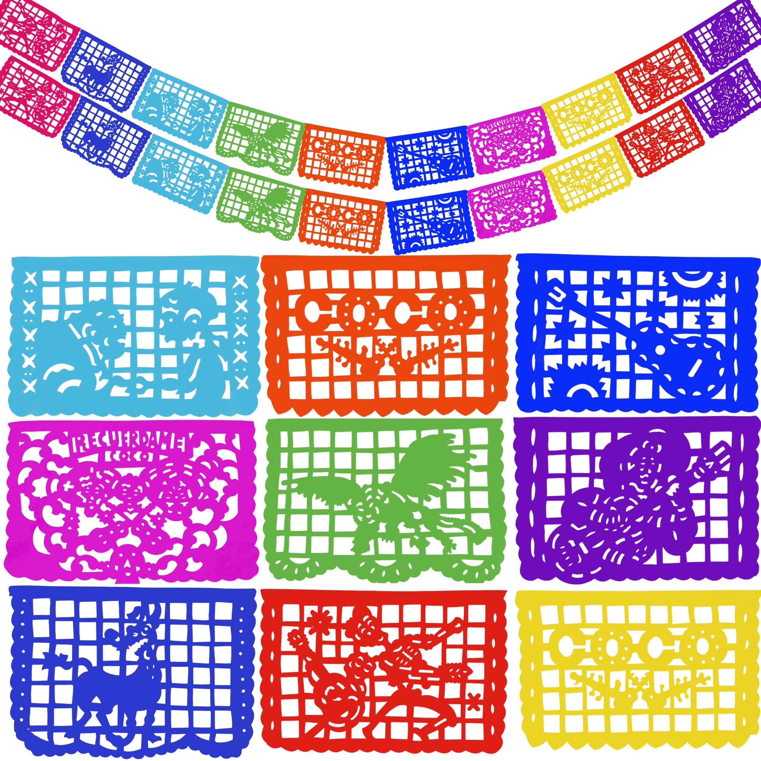 Coco Party Decorations – PLASTIC Papel Picado Banner Set (2 Pack, 10 Flags per Banner) – Mexican Décor for Día de los Muertos, Fiestas, Birthdays – TexMex Fun Stuff