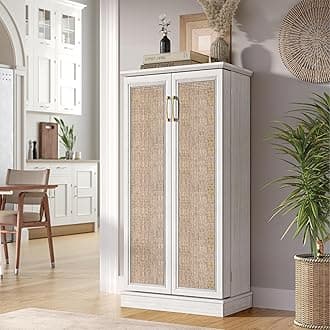 50" Kitchen Pantry Cabinets - Led Food Storage Cabinets Cupboards with Paper Rattan Doors with Shelves Adjustable for Small Space in Dinning, or Living Room