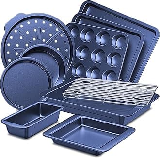 HONGBAKE Bakeware Sets, Baking Pans Set, Nonstick Oven Pan for Kitchen with Wider Grips, 10-Piece Including Rack, Cookie Sheet, Cake Pans, Loaf Pan, Muffin Pan, Pizza Pan - Blue