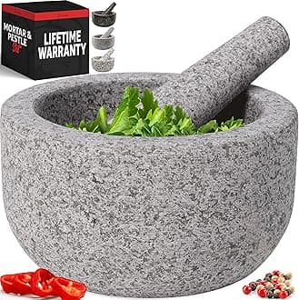 Priority Chef Heavy Duty Extra Large Mortar and Pestle Set, 4 Cup, Hand Carved from Natural Granite, Make Fresh Guacamole, Salsa, Pesto, Stone Grinder Bowl, Herb Crusher, Spice Grinder, Grey