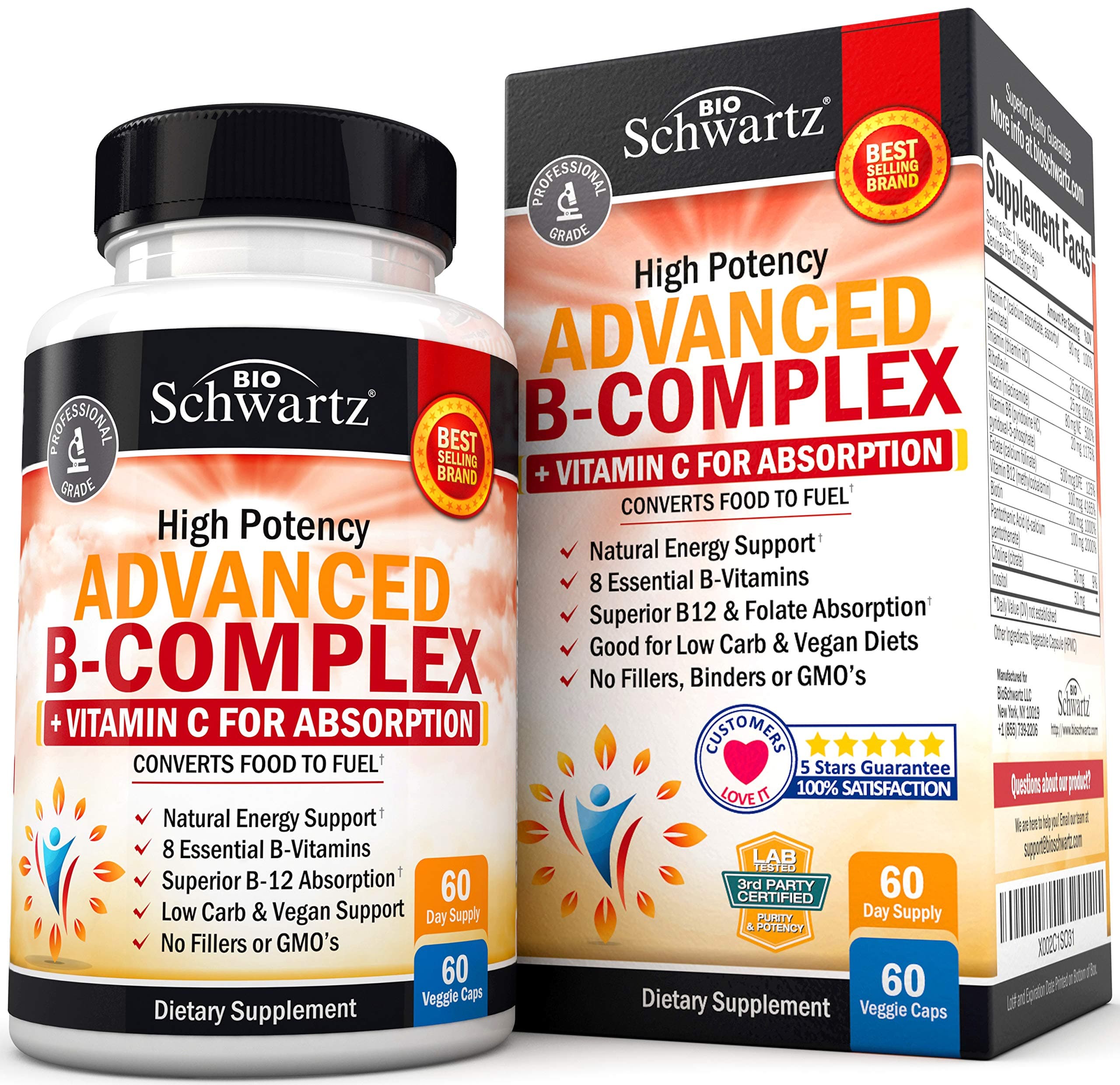 High Potency B Complex Vitamins with All 8 B Vitamins - B1, B2, B3, B5, B6, B7, B9, B12, Plus Folic Acid & Vitamin C for Maximum Absorption - for Immune System, Metabolism, Energy Support